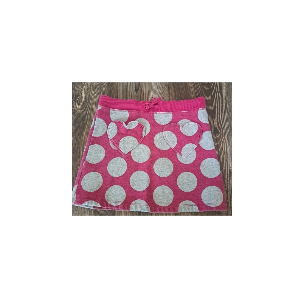 Mini Boden Girls Pink Grey Polka Dot Heart Pocket Jersey‎ Skirt Size 9-10Y